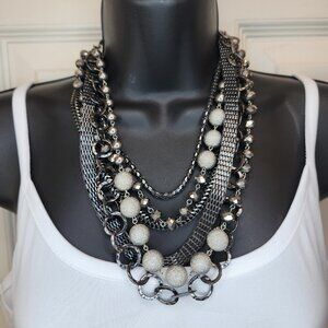 Bold Multi-Strand Statement Necklace – Gunmetal, Silver, and Textured Beads
